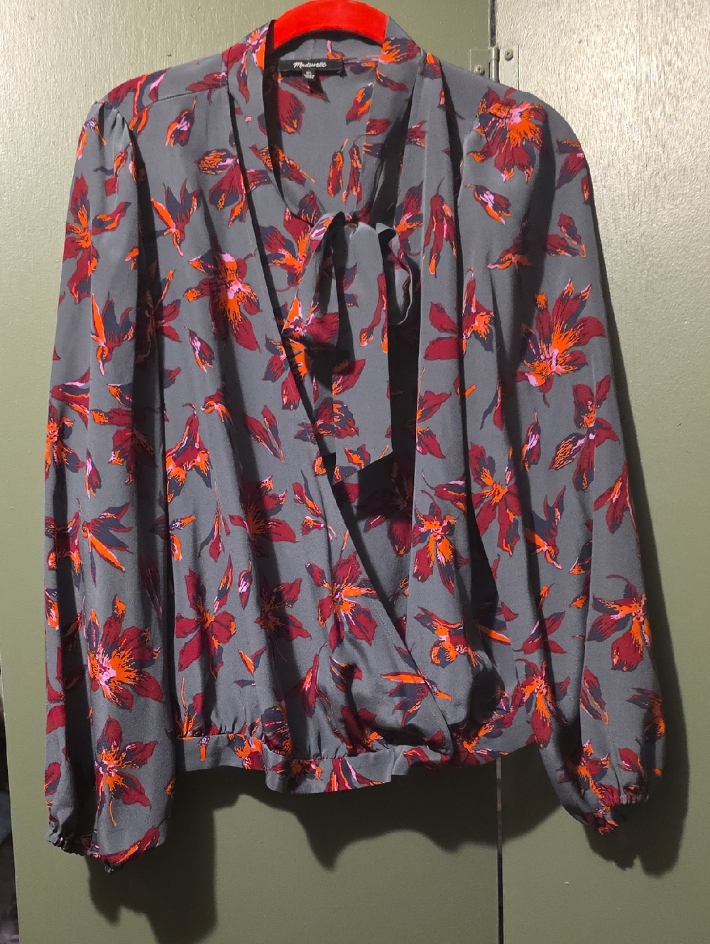 Madewell Gray Floral Tie-Neck Blouse with Red and Purple Accents